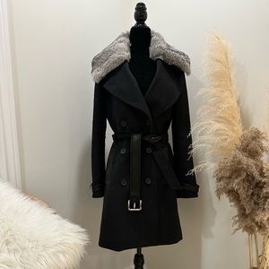 Luxurious Wool Cashmere Blend coat with leather trim and rabbit fur.